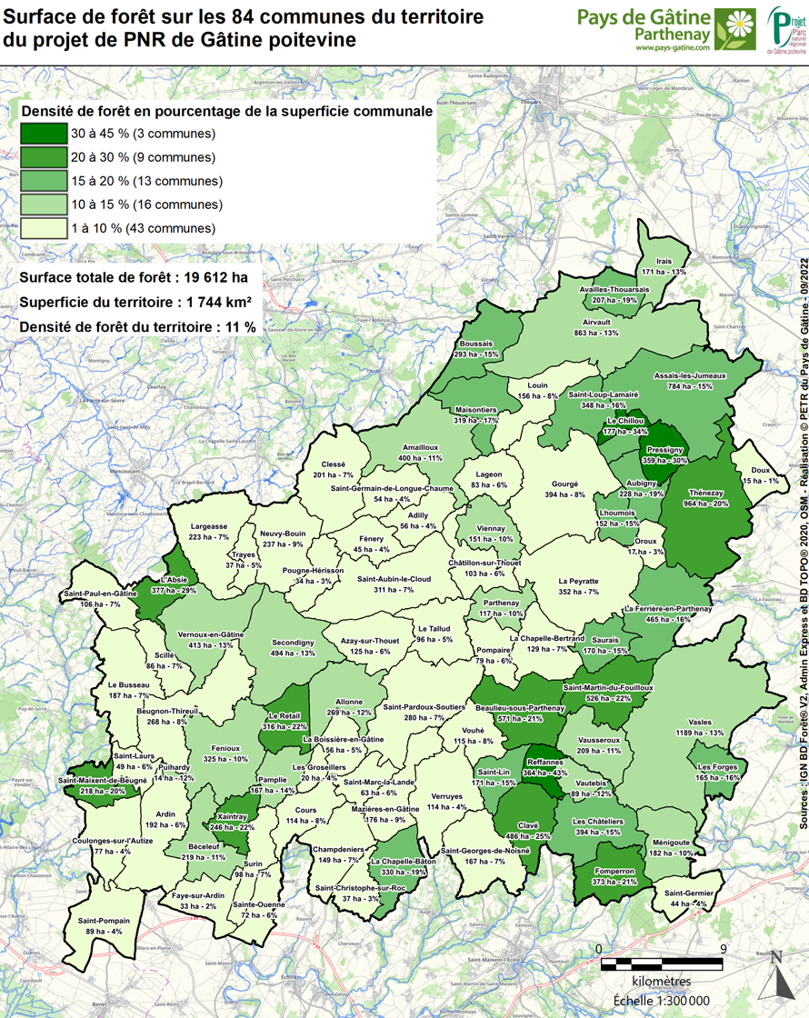 Carte surface de forêt sur les 84 communes du territoire du projet de PNR de Gâtine poitevine