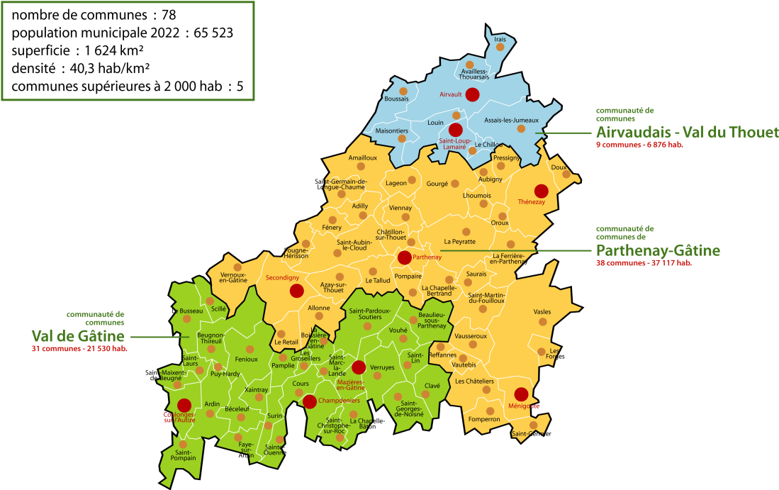 Carte du périmètre et du groupements de communes du Pays de Gâtine au 1er janvier 2022