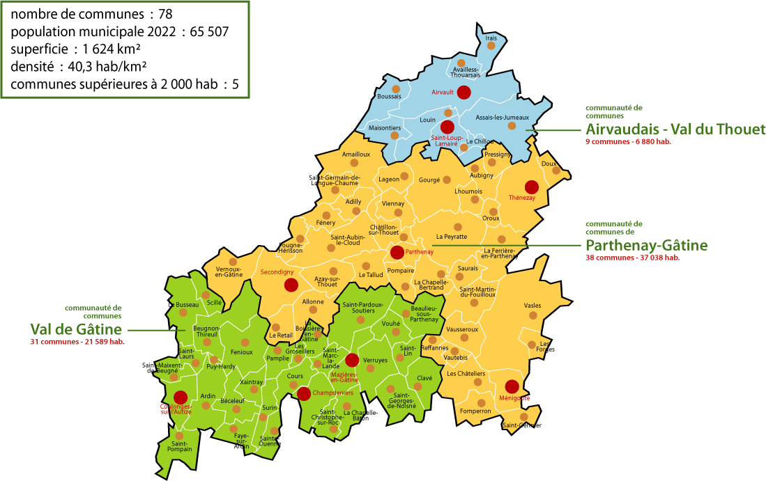 Carte du périmètre et du groupements de communes du Pays de Gâtine au 1er janvier 2023